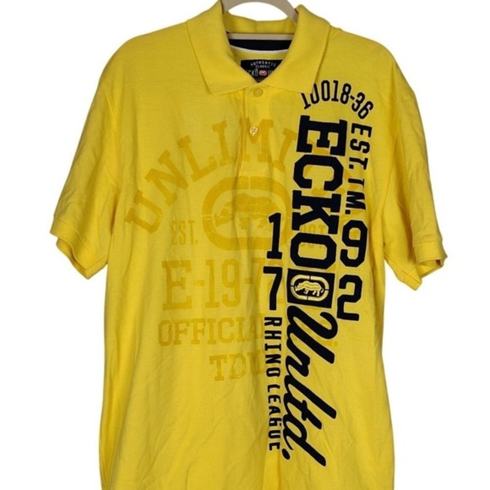 Ecko Unltd Yellow Graphic Polo Shirt Mens XL Rhino League streetwear Est 1972